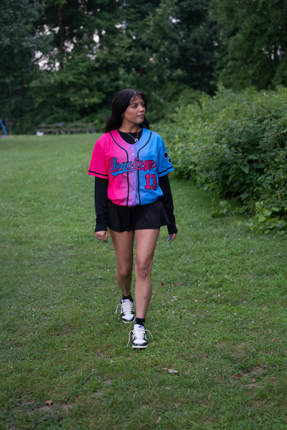 Female wearing Joyology baseball jersey