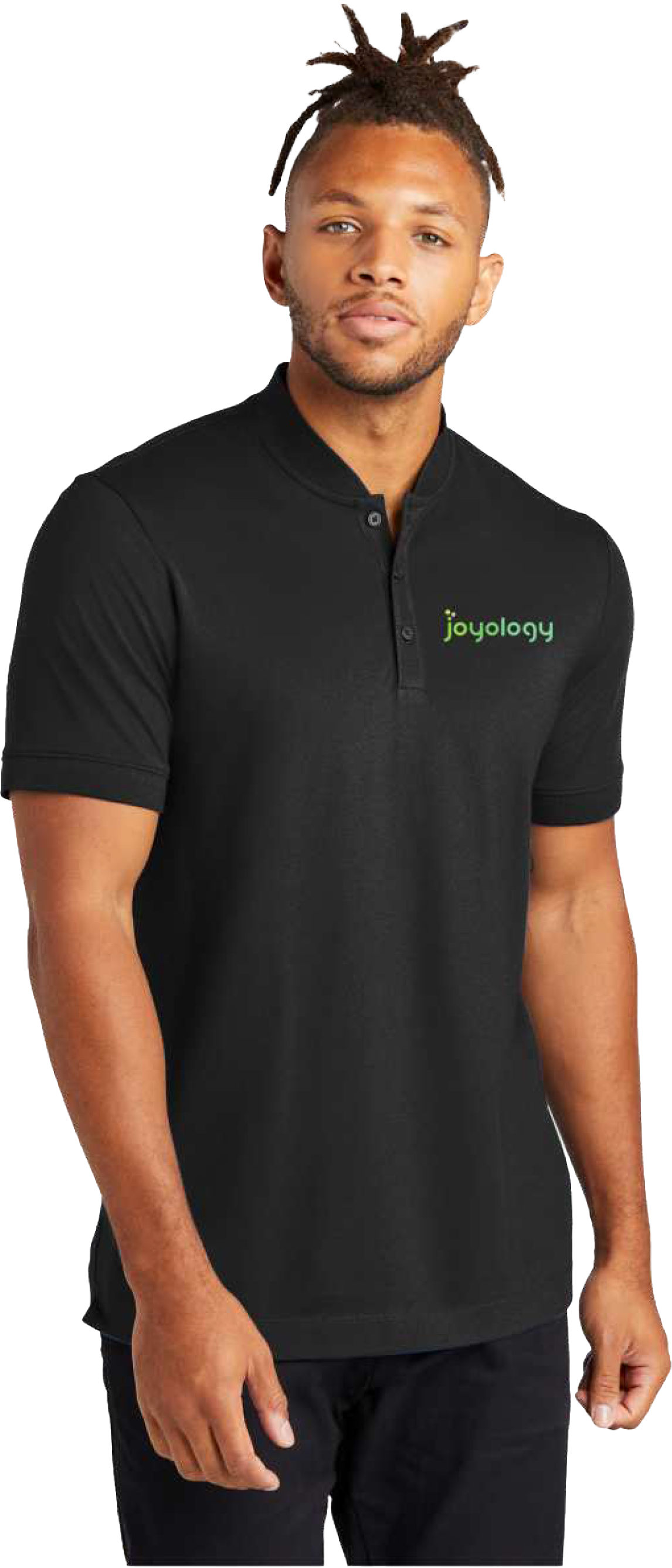 Man wearing black polo with Joyology logo