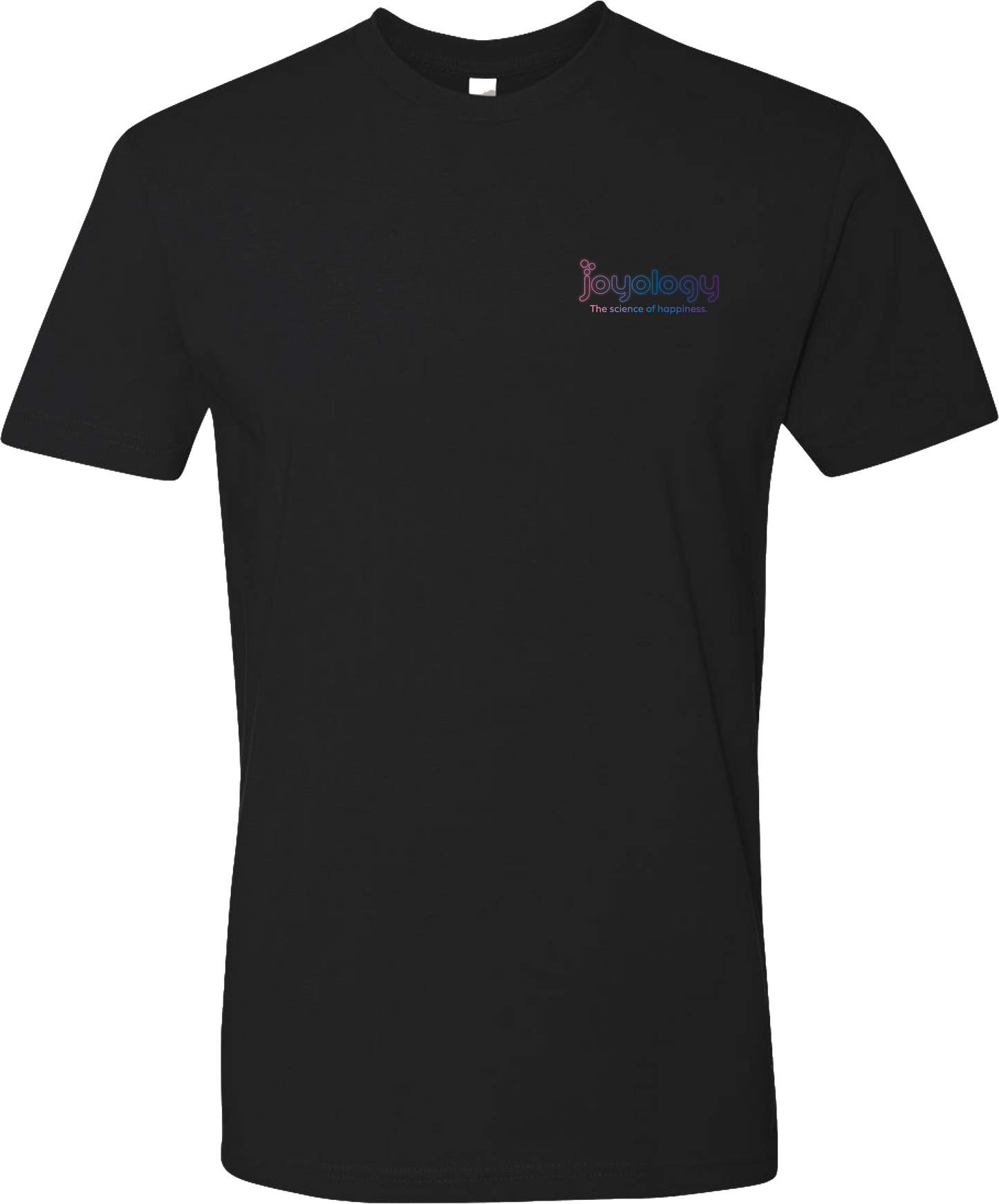 Front the science of happiness black t shirt with Joyology logo