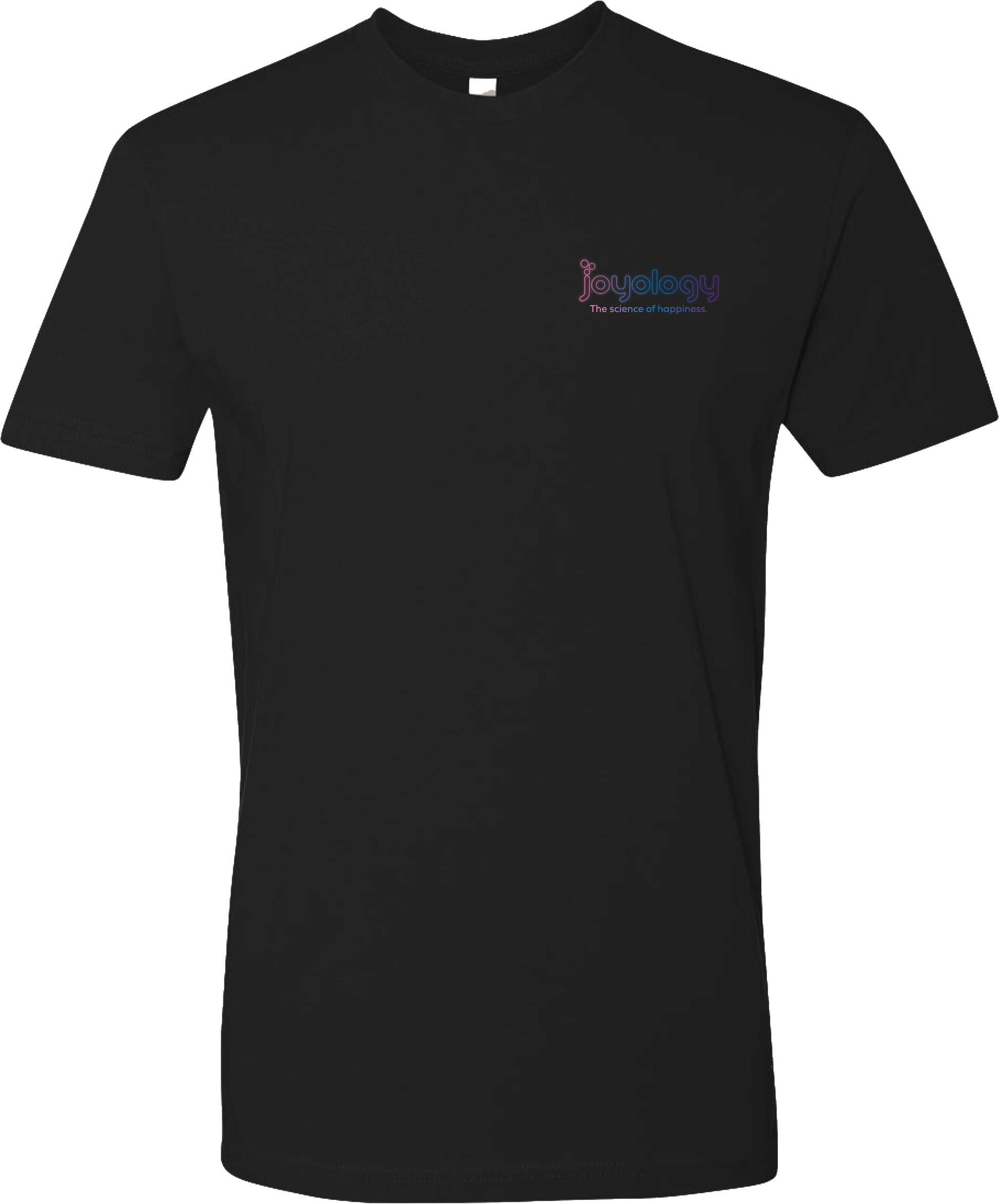 Front the science of happiness black t shirt with Joyology logo