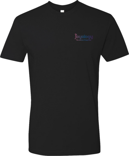 Front the science of happiness black t shirt with Joyology logo