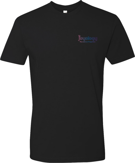 Front the science of happiness black t shirt with Joyology logo