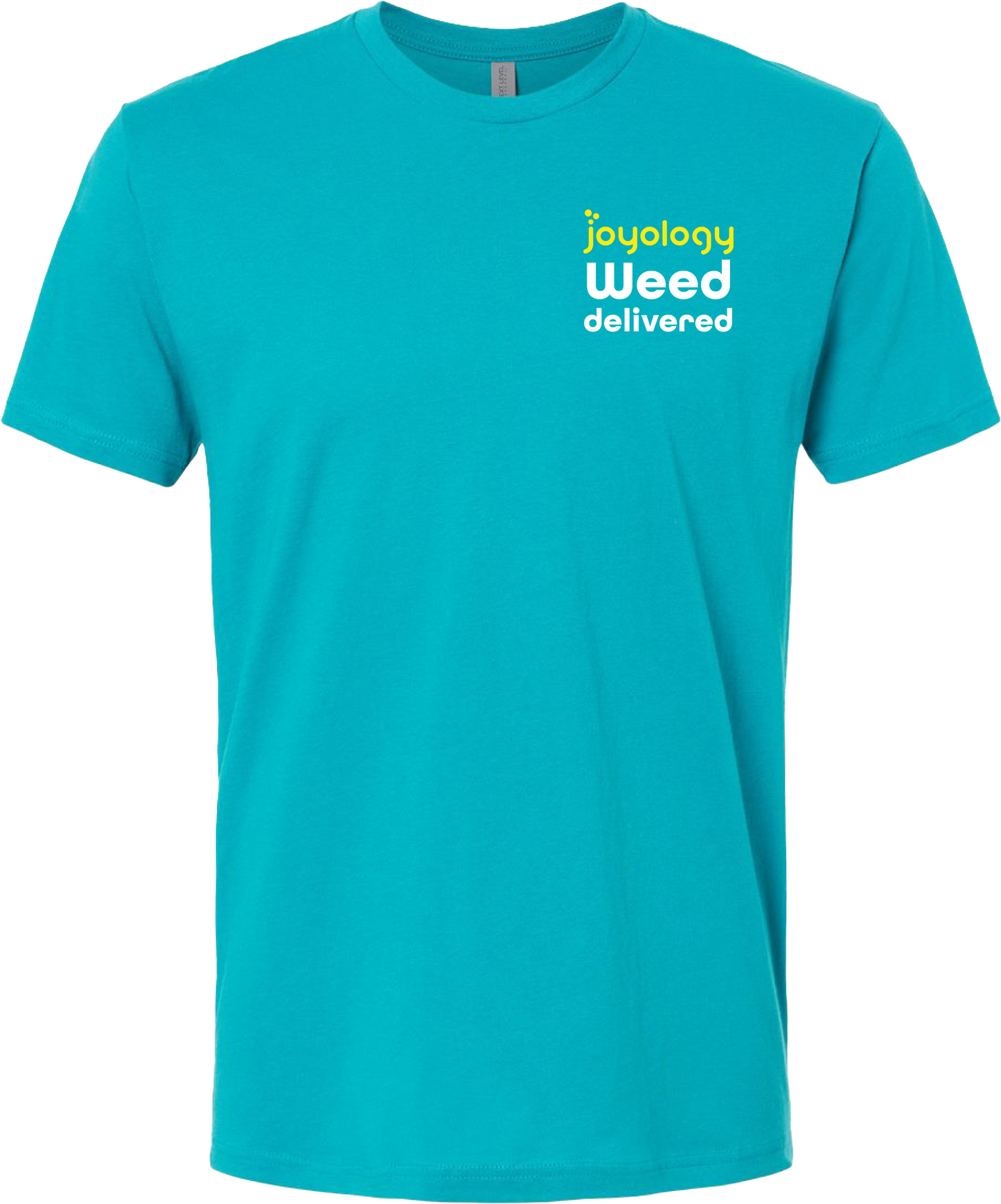 Front Weed delivered Blue t shirt with Joyology logo 