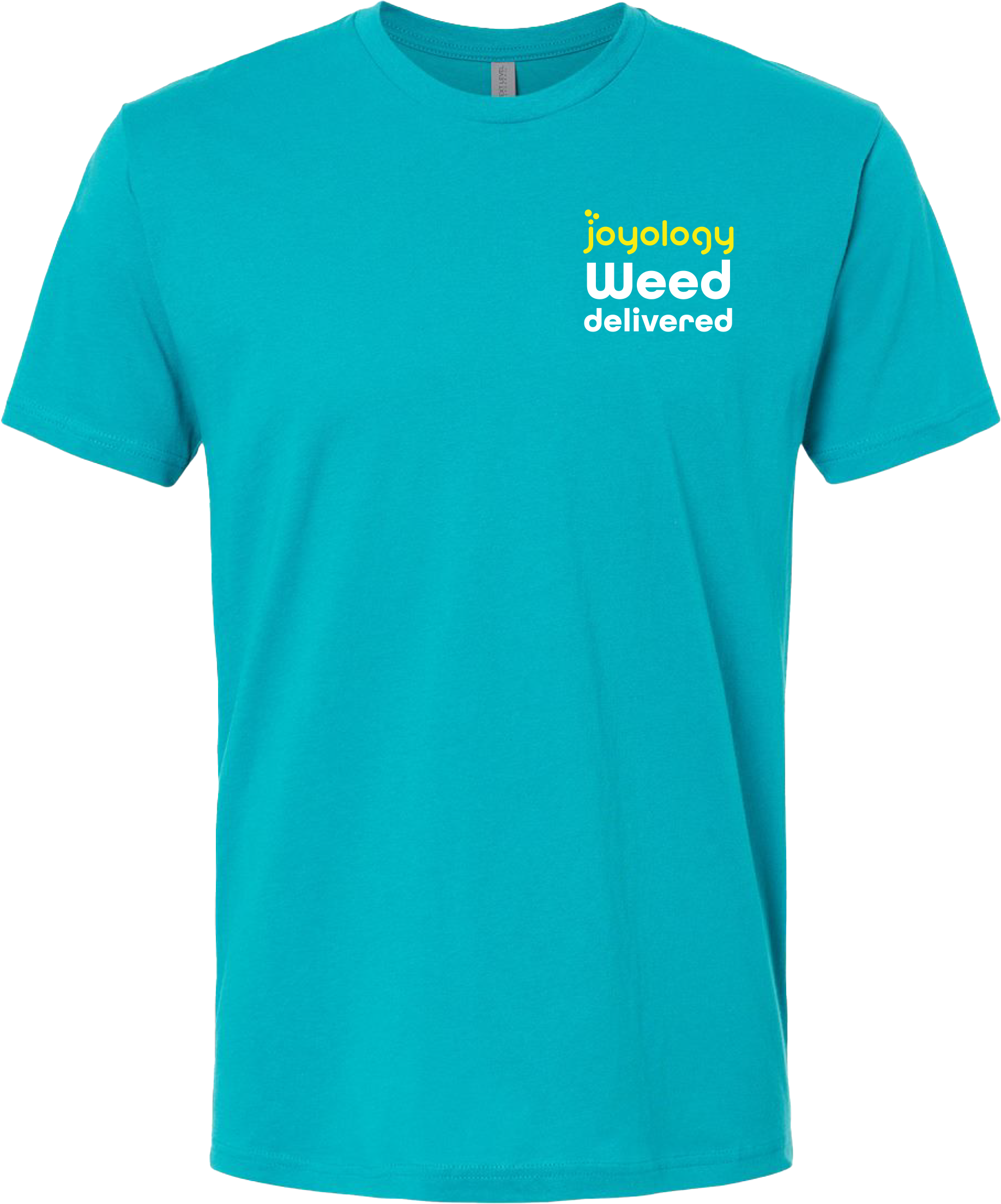 Front Weed delivered Blue t shirt with Joyology logo 