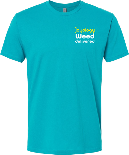 Front Weed delivered Blue t shirt with Joyology logo 