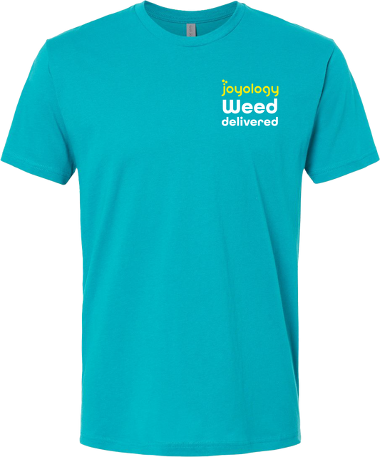 Front Weed delivered Blue t shirt with Joyology logo 